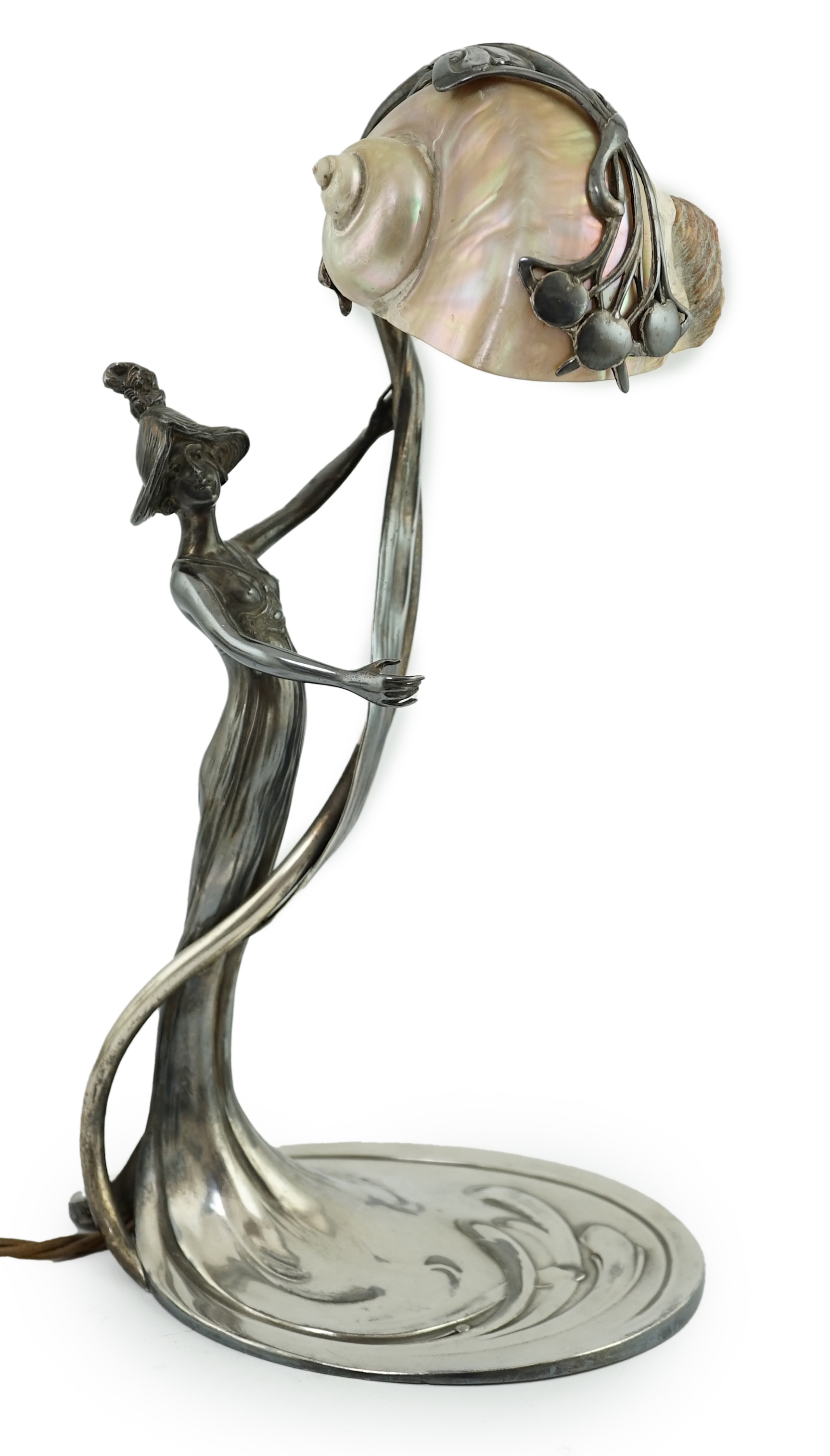 An Art Nouveau electroplate shell mounted figural table lamp, by Moritz Hacker, c.1900